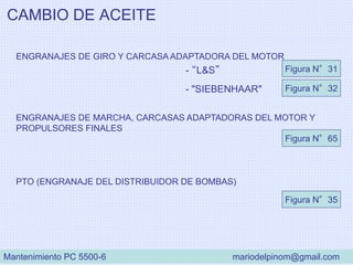 CAMBIO DE ACEITE
ENGRANAJES DE GIRO Y CARCASA ADAPTADORA DEL MOTOR
- "SIEBENHAAR"
- “L&S”
Figura N°32
Figura N°31
ENGRANAJES DE MARCHA, CARCASAS ADAPTADORAS DEL MOTOR Y
PROPULSORES FINALES
PTO (ENGRANAJE DEL DISTRIBUIDOR DE BOMBAS)
Figura N°35
Figura N°65
Mantenimiento PC 5500-6 mariodelpinom@gmail.com
 