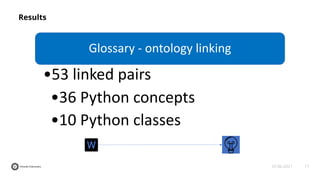 17
25-06-2021
Results
Glossary - ontology linking
•53 linked pairs
•36 Python concepts
•10 Python classes
 