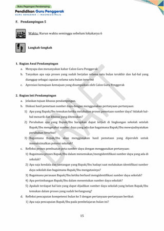 15
F. Pendampingan 5
Waktu: Kurun waktu seminggu sebelum lokakarya 6
Langkah-langkah
1. Bagian Awal Pendampingan
a. Menyapa dan menanyakan kabar Calon Guru Penggerak
b. Tanyakan apa saja proses yang sudah berjalan selama satu bulan terakhir dan hal-hal yang
dianggap sebagai capaian selama satu bulan tersebut
c. Apresiasi kemajuan-kemajuan yang disampaikan oleh Calon Guru Penggerak
2. Bagian Inti Pendampingan
a. Jelaskan tujuan khusus pendampingan.
b. Diskusi hasil pemetaan sumber daya dengan menggunakan pertanyaan-pertanyaan:
1) Apa yang Bapak/Ibu temukan ketika melakukan proses pemetaan sumber daya? Adakah hal-
hal menarik dan khusus yang ditemukan?
2) Perubahan apa yang Bapak/Ibu harapkan dapat terjadi di lingkungan sekolah setelah
Bapak/Ibu mengetahui sumber daya yang ada dan bagaimana Bapak/Ibu mewujudnyatakan
perubahan tersebut?
3) Bagaimana Bapak/Ibu akan menggunakan hasil pemetaan yang diperoleh untuk
memaksimalkan potensi sekolah?
c. Refleksi proses pembuatan peta sumber daya dengan menggunakan pertanyaan:
1) Bagaimana proses Bapak/Ibu dalam menemukan/mengidentifikasi sumber daya yang ada di
sekolah?
2) Apa saja kendala dan tantangan yang Bapak/Ibu hadapi saat melakukan identifikasi sumber
daya sekolah dan bagaimana Bapak/Ibu mengatasinya?
3) Bagaimana perasaan Bapak/Ibu ketika berhasil mengidentifikasi sumber daya sekolah?
4) Apa pertimbangan Bapak/Ibu dalam menentukan sumber daya sekolah?
5) Apakah terdapat hal lain yang dapat dijadikan sumber daya sekolah yang belum Bapak/Ibu
temukan dalam proses yang sudah berlangsung?
d. Refleksi pencapaian kompetensi bulan ke 5 dengan pertanyaan-pertanyaan berikut:
1) Apa saja pencapaian Bapak/Ibu pada pembelajaran bulan ini?
 
