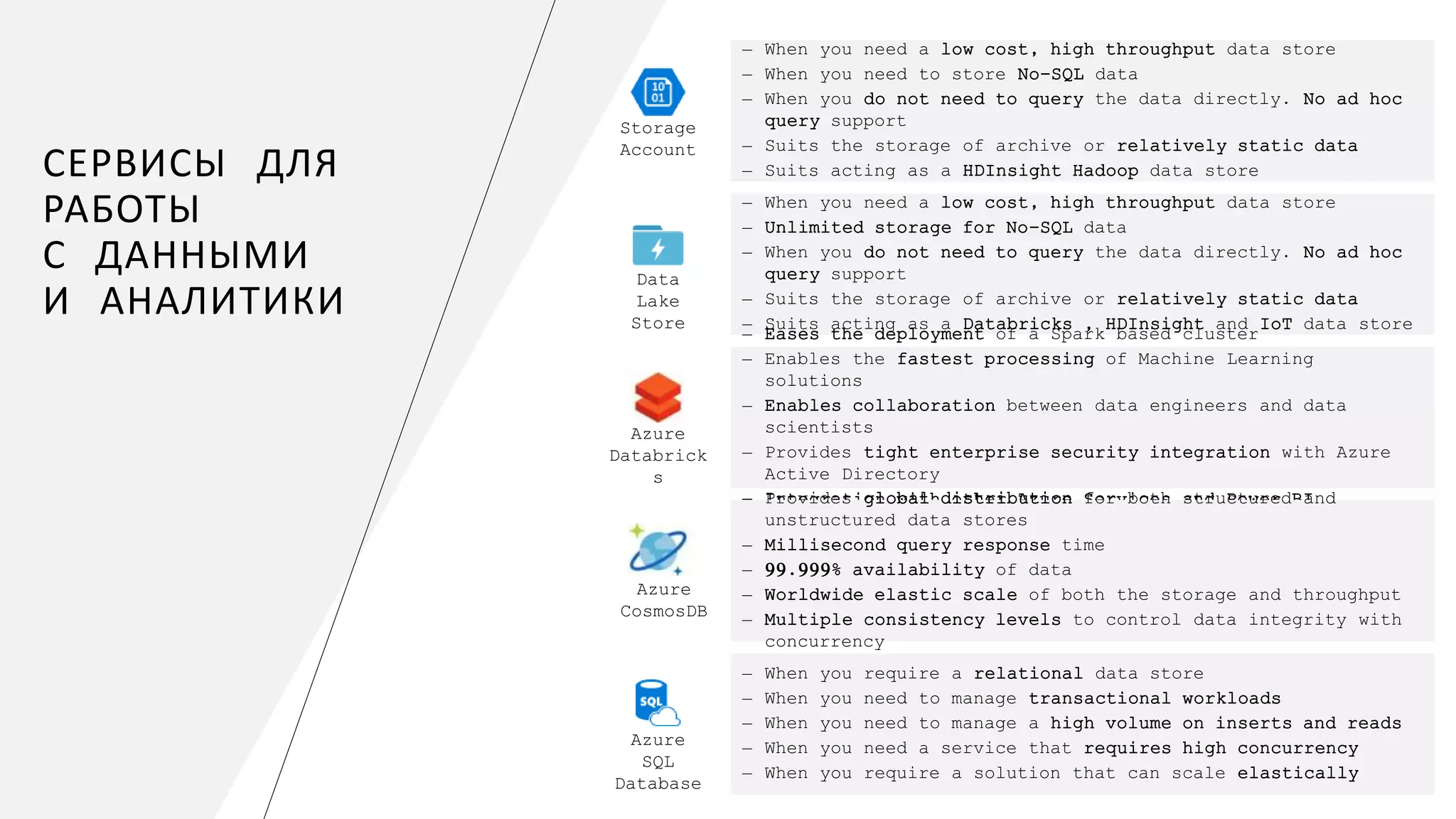 СЕРВИСЫ ДЛЯ
РАБОТЫ
С ДАННЫМИ
И АНАЛИТИКИ
Storage
Account
― When you need a low cost, high throughput data store
― When you need to store No-SQL data
― When you do not need to query the data directly. No ad hoc
query support
― Suits the storage of archive or relatively static data
― Suits acting as a HDInsight Hadoop data store
Data
Lake
Store
― When you need a low cost, high throughput data store
― Unlimited storage for No-SQL data
― When you do not need to query the data directly. No ad hoc
query support
― Suits the storage of archive or relatively static data
― Suits acting as a Databricks , HDInsight and IoT data store
Azure
Databrick
s
― Eases the deployment of a Spark based cluster
― Enables the fastest processing of Machine Learning
solutions
― Enables collaboration between data engineers and data
scientists
― Provides tight enterprise security integration with Azure
Active Directory
― Integration with other Azure Services and Power BI
Azure
CosmosDB
― Provides global distribution for both structured and
unstructured data stores
― Millisecond query response time
― 99.999% availability of data
― Worldwide elastic scale of both the storage and throughput
― Multiple consistency levels to control data integrity with
concurrency
Azure
SQL
Database
― When you require a relational data store
― When you need to manage transactional workloads
― When you need to manage a high volume on inserts and reads
― When you need a service that requires high concurrency
― When you require a solution that can scale elastically
 