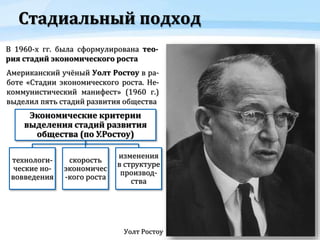 Стадиальный подход
Уолт Ростоу
В 1960-х гг. была сформулирована тео-
рия стадий экономического роста
Американский учёный Уолт Ростоу в ра-
боте «Стадии экономического роста. Не-
коммунистический манифест» (1960 г.)
выделил пять стадий развития общества
Экономические критерии
выделения стадий развития
общества (по У.Ростоу)
технологи-
ческие но-
вовведения
скорость
экономичес
-кого роста
изменения
в структуре
производ-
ства
 