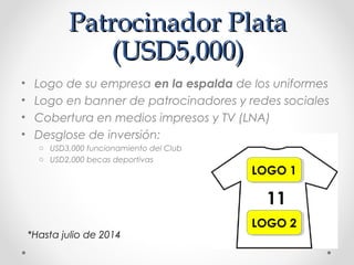 Patrocinador PlataPatrocinador Plata
(USD5,000)(USD5,000)
• Logo de su empresa en la espalda de los uniformes
• Logo en banner de patrocinadores y redes sociales
• Cobertura en medios impresos y TV (LNA)
• Desglose de inversión:
o USD3,000 funcionamiento del Club
o USD2,000 becas deportivas
LOGO 2LOGO 2
11
LOGO 1LOGO 1
*Hasta julio de 2014
 