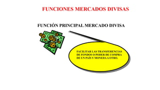 FUNCIONES MERCADOS DIVISAS
FUNCIÓN PRINCIPAL MERCADO DIVISA
FACILITAR LAS TRANSFERENCIAS
DE FONDOS O PODER DE COMPRA
DE UN PAÍS Y MONEDAA OTRO.
 