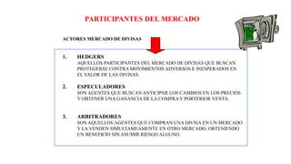 PARTICIPANTES DEL MERCADO
ACTORES MERCADO DE DIVISAS
1. HEDGERS
AQUELLOS PARTICIPANTES DEL MERCADO DE DIVISAS QUE BUSCAN
PROTEGERSE CONTRA MOVIMIENTOS ADVERSOS E INESPERADOS EN
EL VALOR DE LAS DIVISAS.
2. ESPECULADORES
SON AGENTES QUE BUSCAN ANTICIPAR LOS CAMBIOS EN LOS PRECIOS
Y OBTENER UNA GANANCIA DE LA COMPRAY PORTERIOR VENTA.
3. ARBITRADORES
SON AQUELLOS AGENTES QUE COMPRAN UNA DIVISA EN UN MERCADO
Y LA VENDEN SIMULTAMEAMENTE EN OTRO MERCADO, OBTENIENDO
UN BENEFICIO SIN ASUMIR RIESGO ALGUNO.
 