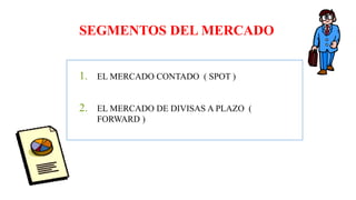 SEGMENTOS DEL MERCADO
1. EL MERCADO CONTADO ( SPOT )
2. EL MERCADO DE DIVISAS A PLAZO (
FORWARD )
 