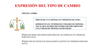 EXPRESIÓN DEL TIPO DE CAMBIO
TIPO DE CAMBIO
PRECIO DE UNA MONEDA EN TÉRMINOS DE OTRA
REPRESENTA EL NÚMERO DE UNIDADES DE MONEDA
LOCAL QUE ES PRECISO ENTREGAR PARA OBTENER
UNA UNIDAD DE MONEDA EXTRANJERA
PRECIOS MERCADO MONETARIO PRECIOS SE EXPRESAN EN TÉRMINOS
PORCENTUALES.
MERCADO DE DIVISAS SE FIJAN HABITUALMENTE EN TÉRMINOS MOENDA
LOCAL
 