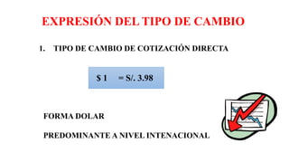 EXPRESIÓN DEL TIPO DE CAMBIO
1. TIPO DE CAMBIO DE COTIZACIÓN DIRECTA
$ 1 = S/. 3.98
FORMA DOLAR
PREDOMINANTE A NIVEL INTENACIONAL
 