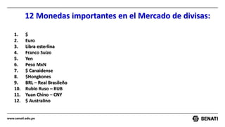 www.senati.edu.pe
12 Monedas importantes en el Mercado de divisas:
1. $
2. Euro
3. Libra esterlina
4. Franco Suizo
5. Yen
6. Peso MxN
7. $ Canaidense
8. $Hongkones
9. BRL – Real Brasileño
10. Rublo Ruso – RUB
11. Yuan Chino – CNY
12. $ Australino
 