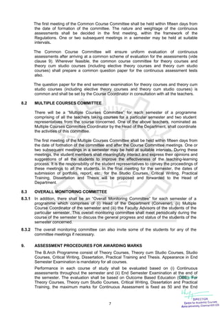 7
The first meeting of the Common Course Committee shall be held within fifteen days from
the date of formation of the committee. The nature and weightage of the continuous
assessments shall be decided in the first meeting, within the framework of the
Regulations. One or two subsequent meetings in a semester may be held at suitable
intervals.
The Common Course Committee will ensure uniform evaluation of continuous
assessments after arriving at a common scheme of evaluation for the assessments (vide
clause 9). Wherever feasible, the common course committee for theory courses and
theory cum studio courses (including elective theory courses and theory cum studio
courses) shall prepare a common question paper for the continuous assessment tests
also.
The question paper for the end semester examination for theory courses and theory cum
studio courses (including elective theory courses and theory cum studio courses) is
common and shall be set by the Course Coordinator in consultation with all the teachers.
8.2 MULTIPLE COURSES COMMITTEE
There will be a “Multiple Courses Committee” for each semester of a programme
comprising of all the teachers taking courses for a particular semester and two student
representatives from the course concerned. One of the above teachers, nominated as
Multiple Courses Committee Coordinator by the Head of the Department, shall coordinate
the activities of this committee.
The first meeting of the Multiple Courses Committee shall be held within fifteen days from
the date of formation of the committee and after the Course Committee meetings. One or
two subsequent meetings in a semester may be held at suitable intervals. During these
meetings, the student members shall meaningfully interact and express their opinions and
suggestions of all the students to improve the effectiveness of the teaching-learning
process. It is the responsibility of the student representatives to convey the proceedings of
these meetings to all the students. In the final meeting for the semester, the dates of
submission of portfolio, report, etc., for the Studio Courses, Critical Writing, Practical
Training, Dissertation and Thesis will be proposed and forwarded to the Head of
Department.
8.3 OVERALL MONITORING COMMITTEE
8.3.1 In addition, there shall be an “Overall Monitoring Committee” for each semester of a
programme which comprises of (i) Head of the Department (Convener), (ii) Multiple
Course Coordinator of the semester and (iii) the Faculty Advisors of the students of the
particular semester. This overall monitoring committee shall meet periodically during the
course of the semester to discuss the general progress and status of the students of the
semester concerned.
8.3.2 The overall monitoring committee can also invite some of the students for any of the
committee meetings if necessary.
9. ASSESSMENT PROCEDURES FOR AWARDING MARKS
The B.Arch Programme consist of Theory Courses, Theory cum Studio Courses, Studio
Courses, Critical Writing, Dissertation, Practical Training and Thesis. Appearance in End
Semester Examination is mandatory for all courses.
Performance in each course of study shall be evaluated based on (i) Continuous
assessments throughout the semester and (ii) End Semester Examination at the end of
the semester. The evaluation shall be based on Outcome Based Education (OBE). For
Theory Courses, Theory cum Studio Courses, Critical Writing, Dissertation and Practical
Training, the maximum marks for Continuous Assessment is fixed as 50 and the End
 
