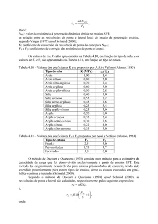 2
F
aKN
r SPT
L = ,
Onde:
NSPT: valor da resistência à penetração dinâmica obtida no ensaios SPT;
: relação entre as resistências de ponta e lateral local do ensaio de penetração estática,
segundo Vargas (1977) apud Schnaid (2000);
K: coeficiente de conversão da resistência de ponta do cone para NSPT;
F1 e F2: coeficientes de correção das resistências de ponta e lateral;
Os valores de e K estão apresentados na Tabela 4.10, em função do tipo de solo, e os
valores de F1 e F2 são apresentados na Tabela 4.11, em função do tipo de estaca.
Tabela 4.10 – Valores dos coeficientes K e propostos por Aoki e Velloso (Alonso, 1983)
Tipo de solo K (MPa) (%)
Areia 1,00 1,4
Areia siltosa 0,80 2,0
Areia silto-argilosa 0,70 2,4
Areia argilosa 0,60 3,0
Areia argilo-siltosa 0,50 2,8
Silte 0,40 3,0
Silte arenoso 0,55 2,2
Silte areno-argiloso 0,45 2,8
Silte argiloso 0,23 3,4
Silte argilo-siltoso 0,25 3,0
Argila 0,20 6,0
Argila arenosa 0,35 2,4
Argila aerno-siltosa 0,30 2,8
Argila siltosa 0,22 4,0
Argila silto-arenosa 0,33 3,0
Tabela 4.11 – Valores dos coeficientes F1 e F2 propostos por Aoki e Velloso (Alonso, 1983)
O método de Decourt e Quaresma (1978) consiste num método para a estimativa da
capacidade de carga que foi desenvolvido exclusivamente a partir de ensaios SPT. Este
método foi originalmente desenvolvido para estacas pré-moldadas de concreto, tendo sido
estendido posteriormente para outros tipos de estacas, como as estacas escavadas em geral,
hélice contínua e injetadas (Schnaid, 2000).
Segundo o método de Decourt e Quaresma (1978) apud Schnaid (2000), as
resistências de ponta e lateral são calculadas, respectivamente, pelas seguintes expressões:
rP = KNP,
e,
+
= 1
3
10
. m
L
N
r ,
onde:
Tipo de estaca F1 F2
Franki 2,5 5,0
Pré-moldadas 1,75 3,7
Escavadas 3,0 6,0
 