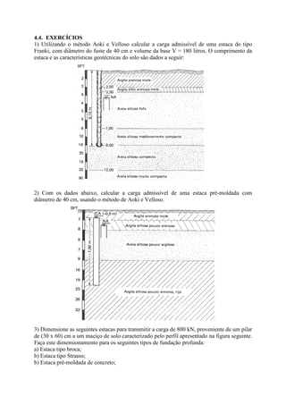 4.4. EXERCÍCIOS
1) Utilizando o método Aoki e Velloso calcular a carga admissível de uma estaca do tipo
Franki, com diâmetro do fuste de 40 cm e volume da base V = 180 litros. O comprimento da
estaca e as características geotécnicas do solo são dados a seguir:
2) Com os dados abaixo, calcular a carga admissível de uma estaca pré-moldada com
diâmetro de 40 cm, usando o método de Aoki e Velloso.
3) Dimensione as seguintes estacas para transmitir a carga de 800 kN, proveniente de um pilar
de (30 x 60) cm a um maciço de solo caracterizado pelo perfil apresentado na figura seguinte.
Faça este dimensionamento para os seguintes tipos de fundação profunda:
a) Estaca tipo broca;
b) Estaca tipo Strauss;
b) Estaca pré-moldada de concreto;
 