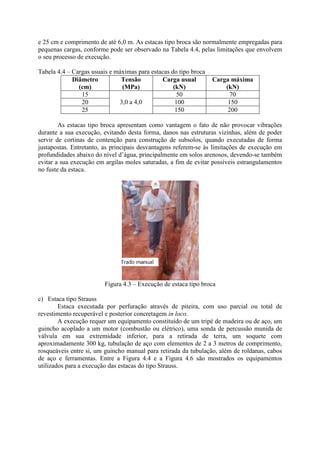 e 25 cm e comprimento de até 6,0 m. As estacas tipo broca são normalmente empregadas para
pequenas cargas, conforme pode ser observado na Tabela 4.4, pelas limitações que envolvem
o seu processo de execução.
Tabela 4.4 – Cargas usuais e máximas para estacas do tipo broca
Diâmetro
(cm)
Tensão
(MPa)
Carga usual
(kN)
Carga máxima
(kN)
15 50 70
20 100 150
25
3,0 a 4,0
150 200
As estacas tipo broca apresentam como vantagem o fato de não provocar vibrações
durante a sua execução, evitando desta forma, danos nas estruturas vizinhas, além de poder
servir de cortinas de contenção para construção de subsolos, quando executadas de forma
justapostas. Entretanto, as principais desvantagens referem-se às limitações de execução em
profundidades abaixo do nível d’água, principalmente em solos arenosos, devendo-se também
evitar a sua execução em argilas moles saturadas, a fim de evitar possíveis estrangulamentos
no fuste da estaca.
Figura 4.3 – Execução de estaca tipo broca
c) Estaca tipo Strauss
Estaca executada por perfuração através de piteira, com uso parcial ou total de
revestimento recuperável e posterior concretagem in loco.
A execução requer um equipamento constituído de um tripé de madeira ou de aço, um
guincho acoplado a um motor (combustão ou elétrico), uma sonda de percussão munida de
válvula em sua extremidade inferior, para a retirada de terra, um soquete com
aproximadamente 300 kg, tubulação de aço com elementos de 2 a 3 metros de comprimento,
rosqueáveis entre si, um guincho manual para retirada da tubulação, além de roldanas, cabos
de aço e ferramentas. Entre a Figura 4.4 e a Figura 4.6 são mostrados os equipamentos
utilizados para a execução das estacas do tipo Strauss.
 
