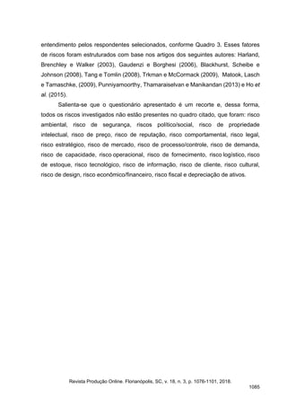 entendimento pelos respondentes selecionados, conforme Quadro 3. Esses fatores
de riscos foram estruturados com base nos artigos dos seguintes autores: Harland,
Brenchley e Walker (2003), Gaudenzi e Borghesi (2006), Blackhurst, Scheibe e
Johnson (2008), Tang e Tomlin (2008), Trkman e McCormack (2009), Matook, Lasch
e Tamaschke, (2009), Punniyamoorthy, Thamaraiselvan e Manikandan (2013) e Ho et
al. (2015).
Salienta-se que o questionário apresentado é um recorte e, dessa forma,
todos os riscos investigados não estão presentes no quadro citado, que foram: risco
ambiental, risco de segurança, riscos político/social, risco de propriedade
intelectual, risco de preço, risco de reputação, risco comportamental, risco legal,
risco estratégico, risco de mercado, risco de processo/controle, risco de demanda,
risco de capacidade, risco operacional, risco de fornecimento, risco logístico, risco
de estoque, risco tecnológico, risco de informação, risco de cliente, risco cultural,
risco de design, risco econômico/financeiro, risco fiscal e depreciação de ativos.
Revista Produção Online. Florianópolis, SC, v. 18, n. 3, p. 1076-1101, 2018.
1085
 