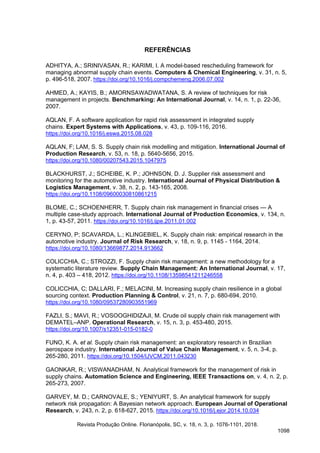 REFERÊNCIAS
ADHITYA, A.; SRINIVASAN, R.; KARIMI, I. A model-based rescheduling framework for
managing abnormal supply chain events. Computers & Chemical Engineering, v. 31, n. 5,
p. 496-518, 2007. https://doi.org/10.1016/j.compchemeng.2006.07.002
AHMED, A.; KAYIS, B.; AMORNSAWADWATANA, S. A review of techniques for risk
management in projects. Benchmarking: An International Journal, v. 14, n. 1, p. 22-36,
2007.
AQLAN, F. A software application for rapid risk assessment in integrated supply
chains. Expert Systems with Applications, v. 43, p. 109-116, 2016.
https://doi.org/10.1016/j.eswa.2015.08.028
AQLAN, F; LAM, S. S. Supply chain risk modelling and mitigation. International Journal of
Production Research, v. 53, n. 18, p. 5640-5656, 2015.
https://doi.org/10.1080/00207543.2015.1047975
BLACKHURST, J.; SCHEIBE, K. P.; JOHNSON, D. J. Supplier risk assessment and
monitoring for the automotive industry. International Journal of Physical Distribution &
Logistics Management, v. 38, n. 2, p. 143-165, 2008.
https://doi.org/10.1108/09600030810861215
BLOME, C.; SCHOENHERR, T. Supply chain risk management in financial crises — A
multiple case-study approach. International Journal of Production Economics, v. 134, n.
1, p. 43-57, 2011. https://doi.org/10.1016/j.ijpe.2011.01.002
CERYNO, P; SCAVARDA, L.; KLINGEBIEL, K. Supply chain risk: empirical research in the
automotive industry. Journal of Risk Research, v. 18, n. 9, p. 1145 - 1164, 2014.
https://doi.org/10.1080/13669877.2014.913662
COLICCHIA, C.; STROZZI, F. Supply chain risk management: a new methodology for a
systematic literature review. Supply Chain Management: An International Journal, v. 17,
n. 4, p. 403 – 418, 2012. https://doi.org/10.1108/13598541211246558
COLICCHIA, C; DALLARI, F.; MELACINI, M. Increasing supply chain resilience in a global
sourcing context. Production Planning & Control, v. 21, n. 7, p. 680-694, 2010.
https://doi.org/10.1080/09537280903551969
FAZLI, S.; MAVI, R.; VOSOOGHIDIZAJI, M. Crude oil supply chain risk management with
DEMATEL–ANP. Operational Research, v. 15, n. 3, p. 453-480, 2015.
https://doi.org/10.1007/s12351-015-0182-0
FUNO, K. A. et al. Supply chain risk management: an exploratory research in Brazilian
aerospace industry. International Journal of Value Chain Management, v. 5, n. 3-4, p.
265-280, 2011. https://doi.org/10.1504/IJVCM.2011.043230
GAONKAR, R.; VISWANADHAM, N. Analytical framework for the management of risk in
supply chains. Automation Science and Engineering, IEEE Transactions on, v. 4, n. 2, p.
265-273, 2007.
GARVEY, M. D.; CARNOVALE, S.; YENIYURT, S. An analytical framework for supply
network risk propagation: A Bayesian network approach. European Journal of Operational
Research, v. 243, n. 2, p. 618-627, 2015. https://doi.org/10.1016/j.ejor.2014.10.034
Revista Produção Online. Florianópolis, SC, v. 18, n. 3, p. 1076-1101, 2018.
1098
 