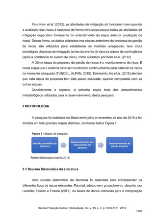 Para Kern et al. (2012), as atividades de mitigação só funcionam bem quando
a avaliação dos riscos é realizada de forma minuciosa porque todas as atividades de
mitigação dependem fortemente do entendimento da etapa anterior (avaliação do
risco). Dessa forma, os dados coletados nas etapas anteriores do processo de gestão
de riscos são utilizados para estabelecer as medidas adequadas. Isso inclui
estratégias clássicas de mitigação (antes do evento de risco) e planos de contingência
(após a ocorrência do evento de risco), como apontado por Kern et al. (2012).
A última etapa do processo de gestão de riscos é o monitoramento do risco. É
nesta etapa que o sistema deve ser monitorado continuamente para detectar os riscos
no momento adequado (TUNCEL; ALPAN, 2010). Entretanto, Ho et al. (2015) alertam
que esta etapa do processo tem sido pouco estudada, quando comparada com as
outras etapas.
Considerando o exposto, a próxima seção trata dos procedimentos
metodológicos utilizados para o desenvolvimento desta pesquisa.
3 METODOLOGIA
A pesquisa foi realizada no Brasil entre julho e novembro do ano de 2016 e foi
dividida em três grandes etapas distintas, conforme ilustra Figura 1.
Figura 1 - Etapas da pesquisa
Fonte: Elaboração própria (2018)
3.1 Revisão Sistemática da Literatura
Uma revisão sistemática da literatura foi realizada para compreender os
diferentes tipos de riscos existentes. Para tal, adotou-se o procedimento descrito por
Lacerda, Ensslin e Ensslin (2012). As bases de dados utilizadas para a composição
Revista Produção Online. Florianópolis, SC, v. 18, n. 3, p. 1076-1101, 2018.
1083
 
