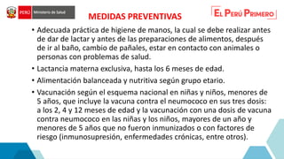 • Adecuada práctica de higiene de manos, la cual se debe realizar antes
de dar de lactar y antes de las preparaciones de alimentos, después
de ir al baño, cambio de pañales, estar en contacto con animales o
personas con problemas de salud.
• Lactancia materna exclusiva, hasta los 6 meses de edad.
• Alimentación balanceada y nutritiva según grupo etario.
• Vacunación según el esquema nacional en niñas y niños, menores de
5 años, que incluye la vacuna contra el neumococo en sus tres dosis:
a los 2, 4 y 12 meses de edad y la vacunación con una dosis de vacuna
contra neumococo en las niñas y los niños, mayores de un año y
menores de 5 años que no fueron inmunizados o con factores de
riesgo (inmunosupresión, enfermedades crónicas, entre otros).
MEDIDAS PREVENTIVAS
 