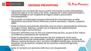 • Vacunación con una dosis de vacuna contra neumococo y contra Haemophilus
influenzae tipo b, en las niñas y los niños, mayores de 5 años esplectomizados y
oncohematológicos con trasplante de órgano sólido y precursores
hematopoyéticos
• De acuerdo a la edad según esquema Nacional de Inmunizaciones se debe
administrar vacunación contra influenza y contra sarampión, rubeola, y paperas
(SRP).
• Evitar la anemia consumiendo alimentos ricos en hierro, priorizando los alimentos
de origen animal. Además, cumplir con el esquema de suplementación
preventiva según norma técnica.
• Consumir alimentos ricos en Zinc y/o suplementos de Zinc, ya que el Zinc reduce
la incidencia y prevalencia de neumonía.
• Evitar la exposición a los contaminantes del aire ambiental, tanto extra
domiciliarios (humo de combustibles: petróleo, gasolina; gases emanados de
fábricas, quema de basura, etc.), así como intradomiciliarios (gas, humo de leña,
kerosene, ron de quemar; residuos de las cosechas o desechos agrícolas,
estiércol, etc.).
• Evitar el contacto con personas enfermas o en recuperación.
MEDIDAS PREVENTIVAS
 
