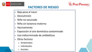 FACTORES DE RIESGO
• Bajo peso al nacer
• Desnutrición
• Niño no vacunado
• Niño sin lactancia materna
• Hacinamiento
• Exposición al aire doméstico contaminado
• Uso indiscriminado de antibióticos
• Otros factores
➢ Ambientales
➢ Individuales
➢ Sociales
 