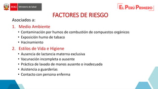 FACTORES DE RIESGO
Asociados a:
1. Medio Ambiente
• Contaminación por humos de combustión de compuestos orgánicos
• Exposición humo de tabaco
• Hacinamiento
2. Estilos de Vida e Higiene
• Ausencia de lactancia materna exclusiva
• Vacunación incompleta o ausente
• Práctica de lavado de manos ausente o inadecuada
• Asistencia a guarderías
• Contacto con persona enferma
 