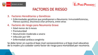 3. Factores Hereditarios y Genéticos
• Enfermedades genéticas que predisponen a Neumonía: Inmunodeficiencias,
Fibrosis quística, Discinesia ciliar primaria, entre otras
4. Factores de riesgo para Neumonía Grave
• Edad menor de 6 meses
• Prematuridad
• Desnutrición moderada a severa
• Infección por VIH
• Enfermedad cardíaca congénita
Se debe tener en cuenta el bajo nivel socioeconómico y el bajo nivel educativo
de la madre y/o cuidador como factor de riesgo para mortalidad por neumonía.
FACTORES DE RIESGO
 