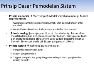 Prinsip Dasar Pemodelan Sistem
• Prinsip elaborasi  Start simple! (Model sederhana menuju Model
Representatif)
– Gunakan asumsi ketat dalam hal jumlah, sifat dan hubungan antar
variabel.
– Asumsi harus konsisten, independen, ekuivalen dan relevan.
• Prinsip analogi (prinsip synectics)  Use similarity! Pemecahan
masalah dilakukan dengan mentransfer hukum, prinsip atau teori
dari suatu fenomena atau sistem yang sudah dikenal/diketahui.
Contoh: Time-cost trade off Sistem yang sudah dikenal
• Prinsip iteratif  Refine it again and again!
– Pengembangan model awal
– Model yang memadai
– Tingkat kompleksitas yang diinginkan sebagai dasar penghentian
proses iteratif.)
 