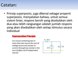 Catatan:
• Prinsip superposisi, juga dikenal sebagai properti
superposisi, menyatakan bahwa, untuk semua
sistem linier, respons bersih yang disebabkan oleh
dua atau lebih rangsangan adalah jumlah respons
yang akan disebabkan oleh setiap stimulus secara
individual
 