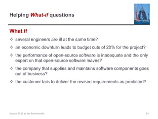 Source: SE10 by Ian Sommerville
Helping What-if questions
What if
 several engineers are ill at the same time?
 an economic downturn leads to budget cuts of 20% for the project?
 the performance of open-source software is inadequate and the only
expert on that open-source software leaves?
 the company that supplies and maintains software components goes
out of business?
 the customer fails to deliver the revised requirements as predicted?
34
 