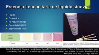  Rápida
 Económica
 No requiere equipo
 Sensibilidad 80.6%
 Especificidad 100%.
Ceja S, Fuentes S, Rivera A, Hernández A, Torres R, Pérez A, Hernández J, Pérez J. Esterasa leucocitaria como
prueba diagnóstica efi caz, económica y rápida ante un proceso infeccioso articular de rodilla . Acta Ortopédica
Mexicana 2018; 32(4): Jul.-Ago: 198-202.
 