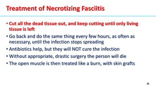 30
Treatment of Necrotizing Fasciitis
• Cut all the dead tissue out, and keep cutting until only living
tissue is left
• Go back and do the same thing every few hours, as often as
necessary, until the infection stops spreading
• Antibiotics help, but they will NOT cure the infection
• Without appropriate, drastic surgery the person will die
• The open muscle is then treated like a burn, with skin grafts
 