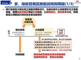 9
9
參、綠能發展區推動說明與釋疑(1/3)
◼ 現行地面型太陽光電之推動採雙軌併行，為優化其中土地變更形式之推動
策略，建構綠能發展區專區引導制度，以限制區位、限定業者方式，把關
案場之規劃設計與在地友善互動情形
地面型
太陽光電
複合使用
與農業經營結合
(如漁電共生)
土地變更
地力不佳、限制荒廢
農地變更特目用地
持續推動 劃設綠能發展區並綁定遴選機制
建構開發秩序、落實友善措施
較難預知光電發展區位 ➔ 需引導
光電發展與在地難共享效益 ➔ 增加回饋措施
農民與地主權益須保障 ➔ 積極把關案場開發
推行過程吸取各界聲音，優化現行推動策略
逐漸引導轉為非都容許，維持未來農用可能
現
況
非都
容許
保有未來農作可能
 