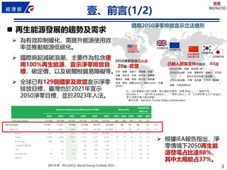 3
3
壹、前言(1/2)
◼ 再生能源發展的趨勢及需求
➢ 為有效抑制暖化，需提升能源使用效
率並推動能源低碳化。
➢ 國際興起減碳浪潮，主要作為包含使
用100%再生能源、宣示淨零排放目
標、碳定價，以及碳關稅貿易障礙等。
➢ 全球已有129個國家及歐盟宣示淨零
排放目標，臺灣也於2021年宣示
2050淨零目標，並於2023年入法。
➢ 根據IEA報告指出，淨
零情境下2050再生能
源發電占比達88%，
其中太陽能占37%。
資料來源：IEA (2022), World Energy Outlook 2022。
註：129 個國家已宣示淨零，係以最終目標為「淨零 (Net) 」、「氣候中和
(Climate )」、「碳中和 (Carbon) 」、「零碳 (Zero )」及「1.5 度目標 (1.5 C target) 」
等 5 項條件進行資料篩選。
資料來源：Net Zero Tracker (https://zerotracker).
 