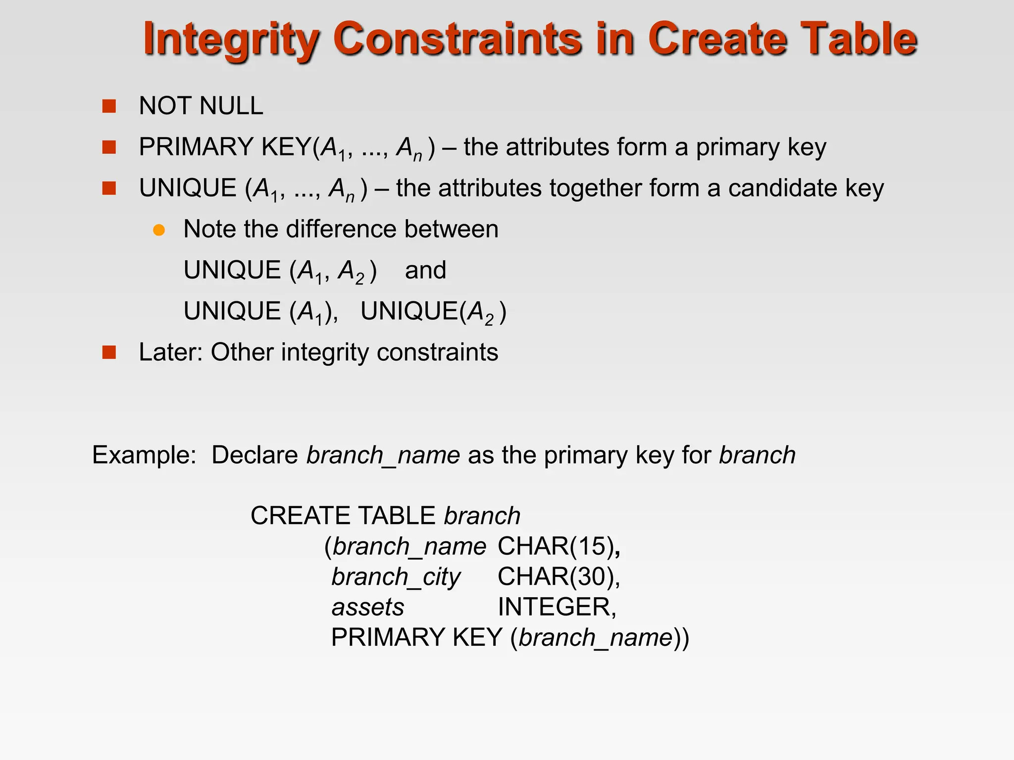 Integrity Constraints in Create Table
 NOT NULL
 PRIMARY KEY(A1, ..., An ) – the attributes form a primary key
 UNIQUE (A1, ..., An ) – the attributes together form a candidate key
 Note the difference between
UNIQUE (A1, A2 ) and
UNIQUE (A1), UNIQUE(A2 )
 Later: Other integrity constraints
Example: Declare branch_name as the primary key for branch
CREATE TABLE branch
(branch_name CHAR(15),
branch_city CHAR(30),
assets INTEGER,
PRIMARY KEY (branch_name))
 