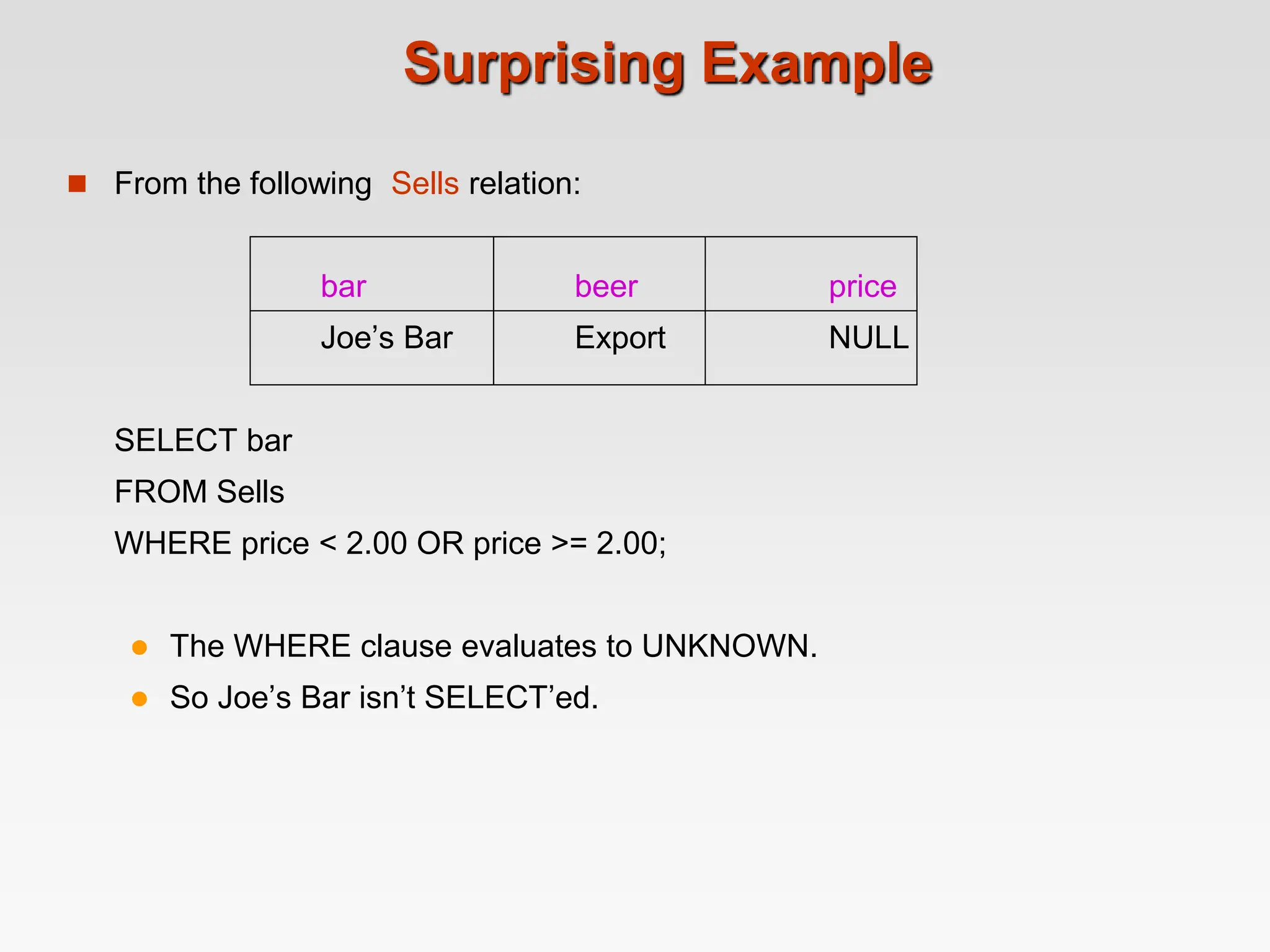 Surprising Example
 From the following Sells relation:
bar beer price
Joe’s Bar Export NULL
SELECT bar
FROM Sells
WHERE price < 2.00 OR price >= 2.00;
 The WHERE clause evaluates to UNKNOWN.
 So Joe’s Bar isn’t SELECT’ed.
 
