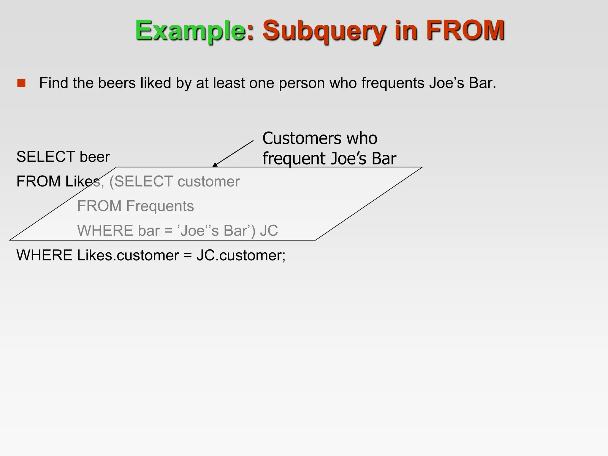 Example: Subquery in FROM
 Find the beers liked by at least one person who frequents Joe’s Bar.
SELECT beer
FROM Likes, (SELECT customer
FROM Frequents
WHERE bar = ’Joe’’s Bar’) JC
WHERE Likes.customer = JC.customer;
Customers who
frequent Joe’s Bar
 
