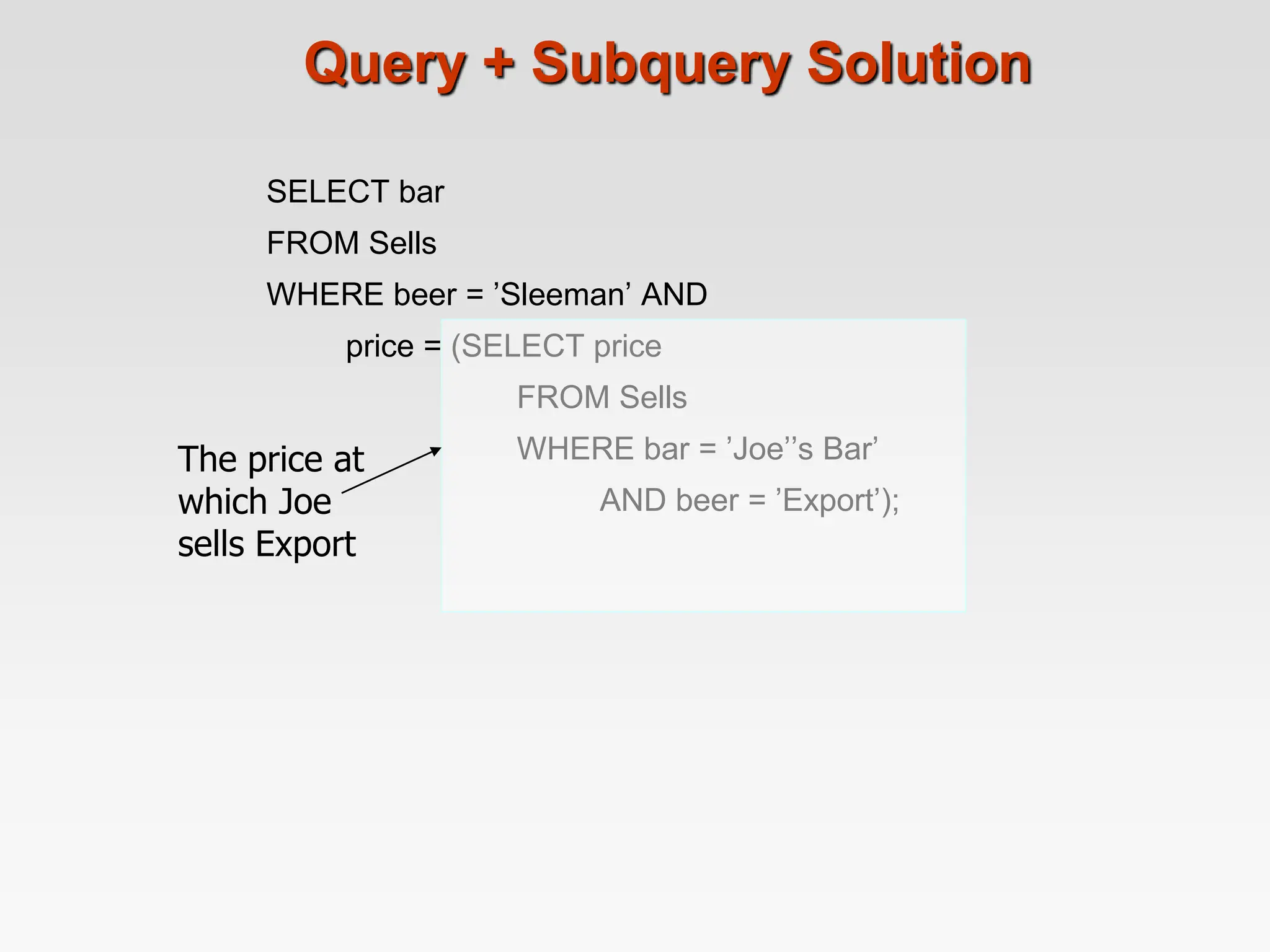 Query + Subquery Solution
SELECT bar
FROM Sells
WHERE beer = ’Sleeman’ AND
price = (SELECT price
FROM Sells
WHERE bar = ’Joe’’s Bar’
AND beer = ’Export’);
The price at
which Joe
sells Export
 