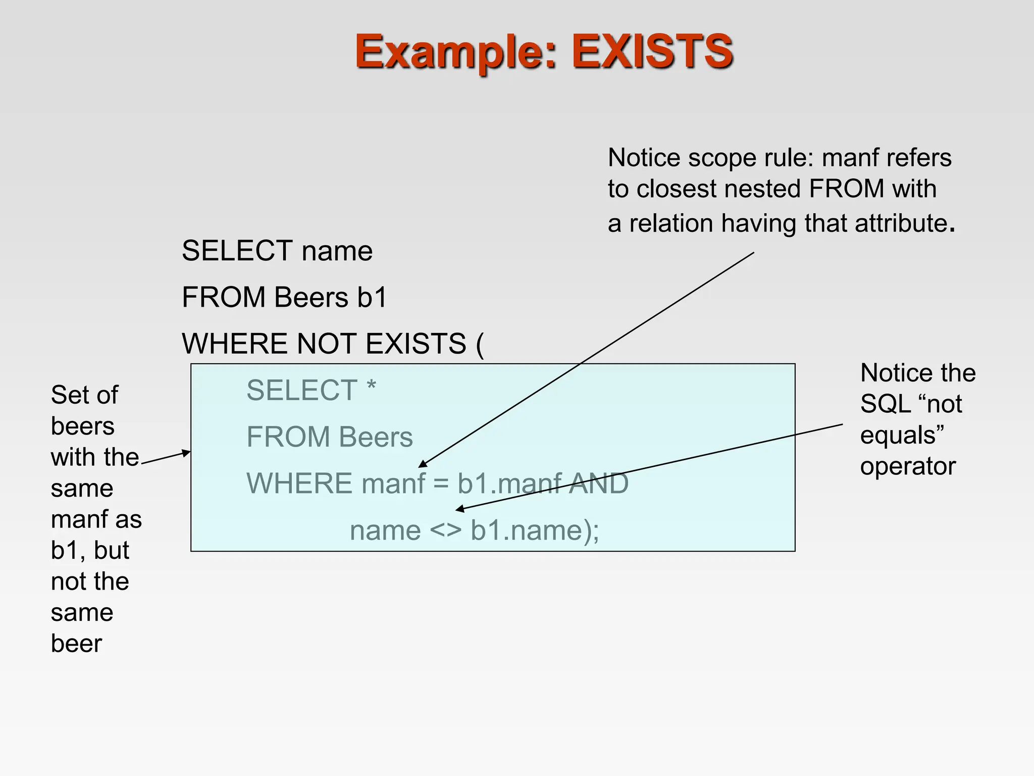 Example: EXISTS
SELECT name
FROM Beers b1
WHERE NOT EXISTS (
SELECT *
FROM Beers
WHERE manf = b1.manf AND
name <> b1.name);
Set of
beers
with the
same
manf as
b1, but
not the
same
beer
Notice scope rule: manf refers
to closest nested FROM with
a relation having that attribute.
Notice the
SQL “not
equals”
operator
 