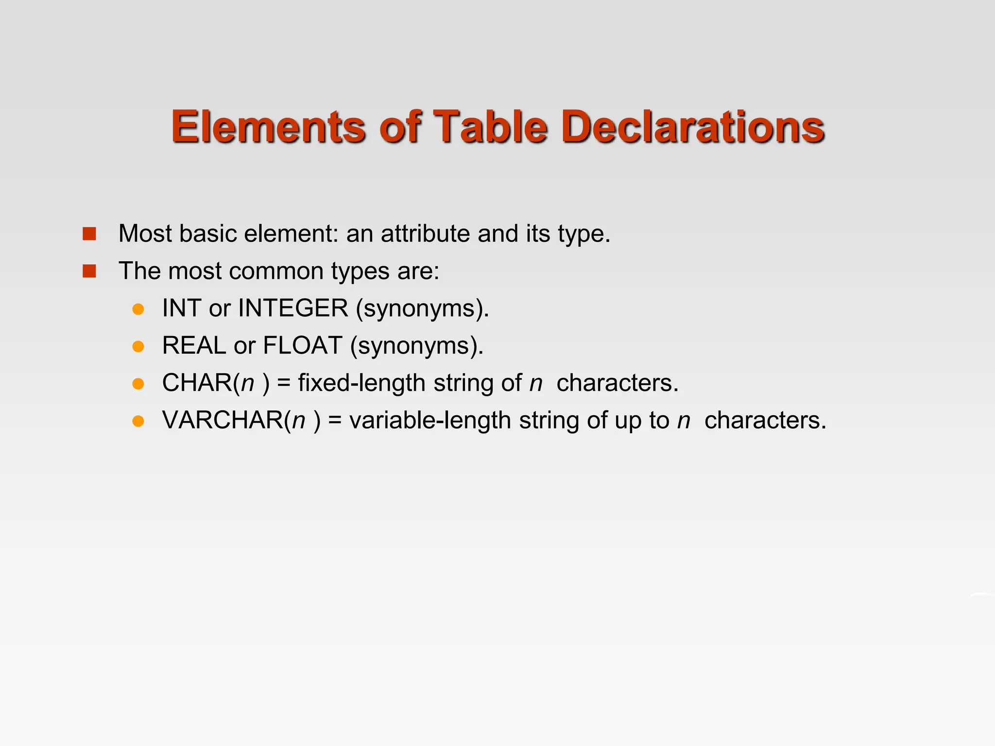 Elements of Table Declarations
 Most basic element: an attribute and its type.
 The most common types are:
 INT or INTEGER (synonyms).
 REAL or FLOAT (synonyms).
 CHAR(n ) = fixed-length string of n characters.
 VARCHAR(n ) = variable-length string of up to n characters.
 