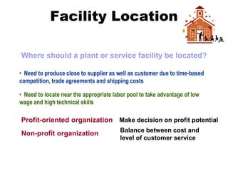 Facility Location
Where should a plant or service facility be located?
• Need to produce close to supplier as well as customer due to time-based
competition, trade agreements and shipping costs
• Need to locate near the appropriate labor pool to take advantage of low
wage and high technical skills
Profit-oriented organization Make decision on profit potential
Non-profit organization Balance between cost and
level of customer service
 