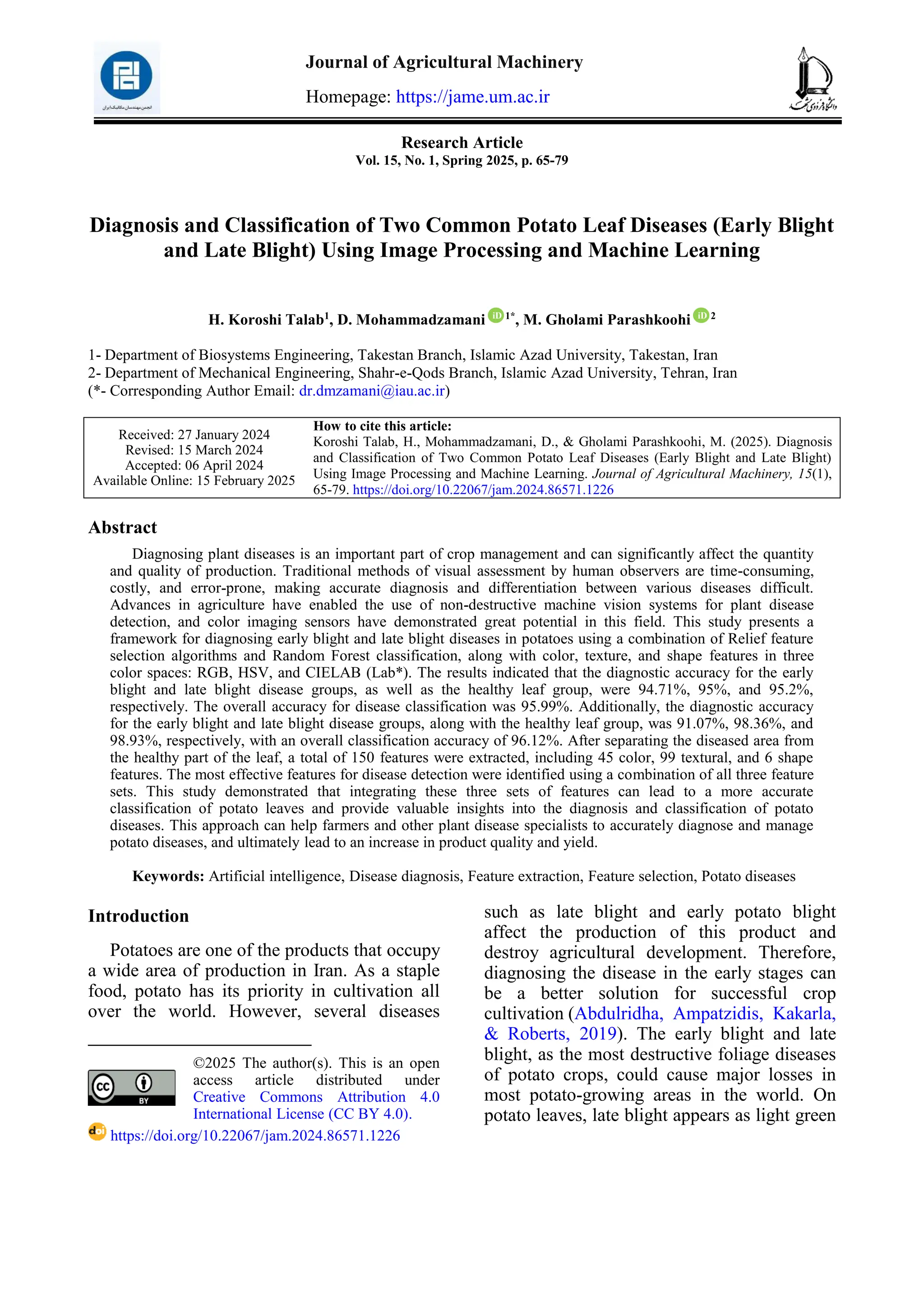 Diagnosis and Classification of Two Common Potato Leaf Diseases (Early ...