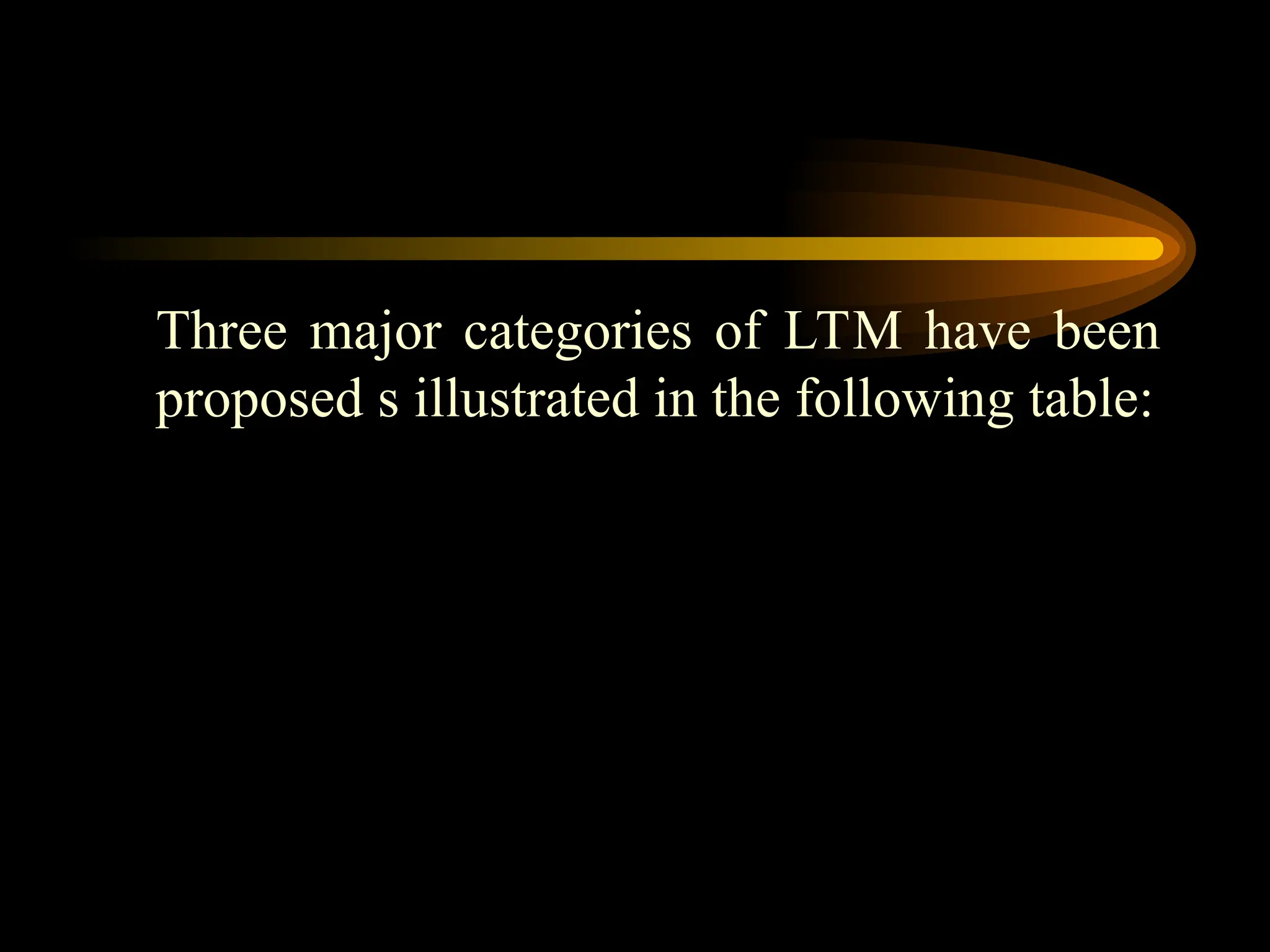 Three major categories of LTM have been
proposed s illustrated in the following table:
 