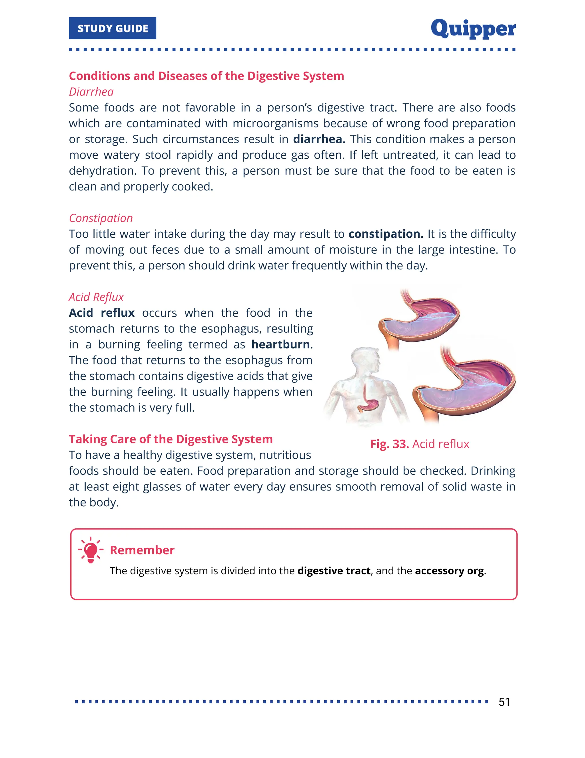Conditions and Diseases of the Digestive System
Diarrhea
Some foods are not favorable in a person’s digestive tract. There are also foods
which are contaminated with microorganisms because of wrong food preparation
or storage. Such circumstances result in diarrhea. This condition makes a person
move watery stool rapidly and produce gas often. If left untreated, it can lead to
dehydration. To prevent this, a person must be sure that the food to be eaten is
clean and properly cooked.
Constipation
Too little water intake during the day may result to constipation. It is the diﬃculty
of moving out feces due to a small amount of moisture in the large intestine. To
prevent this, a person should drink water frequently within the day.
Acid Reﬂux
Acid reﬂux occurs when the food in the
stomach returns to the esophagus, resulting
in a burning feeling termed as heartburn.
The food that returns to the esophagus from
the stomach contains digestive acids that give
the burning feeling. It usually happens when
the stomach is very full.
Taking Care of the Digestive System
To have a healthy digestive system, nutritious
foods should be eaten. Food preparation and storage should be checked. Drinking
at least eight glasses of water every day ensures smooth removal of solid waste in
the body.
51
 