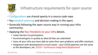 2019-05-06 IT4208 Open Source Computing 3
Infrastructure requirements for open source
• Configurations are shared openly in a source code repo
• You conduct planning and decision making in the open;
• Generally following the open source way in running your infra
community;
• Applying the four freedoms to your infra details.
• Lower barriers to participation
• Incremental gains in quality as ideas & fixes are submitted
• Users of your infra are more able to solve their own problems and offer solutions
• Integration with development is much easier - your CI/CD pipelines are the same
as the developers, etc. CI/CD – Continuous Integration/Deployment
 