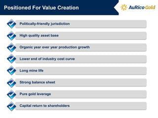 Positioned For Value Creation
Politically-friendly jurisdiction
High quality asset base
Organic year over year production growth
Lower end of industry cost curve
Long mine life
Strong balance sheet
Pure gold leverage
Capital return to shareholders
 
