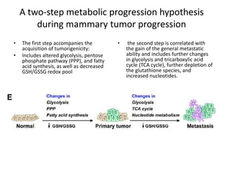 A two-step metabolic progression hypothesis during mammary tumor progressionThe first step accompanies the acquisition of tumorigenicity:Includes altered glycolysis, pentose phosphate pathway (PPP), and fatty acid synthesis, as well as decreased GSH/GSSG redox pool the second step is correlated with the gain of the general metastatic ability and includes further changes in glycolysis and tricarboxylic acid cycle (TCA cycle), further depletion of the glutathione species, and increased nucleotides.