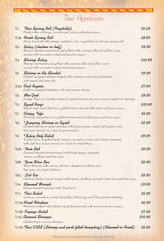 Thai Appetizers 
T1. Thai Spring Roll (Vegetable) $5.25 
Fresh white cabbage, carrots and celery with plum sauce. 
T1A. Fresh Spring Roll $8.95 
None fried roll with shrimp, imitation crab, vegetables in soft rice spring roll. 
T2. Satay (chicken or beef) $9.95 
Beef or chicken marinated and grilled with coconut milk and yellow curry 
served with cucumber salad and peanut sauce. 
T3. Shrimp Satay $10.95 
Shrimp marinated and grilled with coconut milk and yellow curry 
served with cucumber salad and peanut sauce. 
T4. Shrimp in the Blanket $9.95 
Golden wrapped shrimp stuffed with crabmeat and minced chicken 
with sweet and sour dip. 
T4A. Crab Ragoon $7.95 
Golden wrapped imitation crab and cream cheese. 
T5. Mee Grob $9.95 
Crispy Thai rice noodles tossed in special sweet and sour sauce topped w/ shrimps. 
T6. Squid Rings $10.95 
Squid rings deep-fried to a golden brown served with sweet and sour sauce. 
T7. Crispy Tofu $6.95 
Firm tofu deep-fried to a golden brown served with sweet and sour sauce. 
T8. *Jumping Shrimp or Squid $9.95 
Cooked shrimp or squid dressed with lemon grass, onions, hot pepper and 
lime juice served on a bed of green salad. 
T9. *Spicy Beef Salad $9.95 
Tender slice of grilled beef, tomato, cucumber, onion and cilantro dressed 
with chili lime sauce served on a bed of crisp lettuce. 
T9A. *Nam Sod $9.95 
Ground chicken breast tossed with fresh ginger, peanuts, 
onions, scallions and lime juice. 
T9B. *Yam Wun Sen $9.95 
Bean threads with onions, cilantro, chopped scallions and 
lime juice on a bed of lettuce. 
T9C. *Lab Kai $9.95 
Ground chicken breast tossed with onions, scallions, ground roast rice and lime juice. 
T10. Steamed Mussels $9.95 
Green mussels steamed with Thai herb. 
T11. Thai Salad $6.95 
Lettuce, cucumber, carrot, fried tofu, boiled egg and Thai peanut dressing. 
T11A.Fried Wontons $6.95 
Wontons stuffed with chicken deep-fried served with sweet and sour sauce. 
T11B. *Papaya Salad $7.95 
T11C.Coconut Shrimps $10.95 
Golden fried coconut shrimps. 
T11D.Thai KISS (Shrimp and pork filled dumpling) (Steamed or Fried) $6.95 
* All spicy food can be prepared mild, medium, hot or Thai hot. 
 