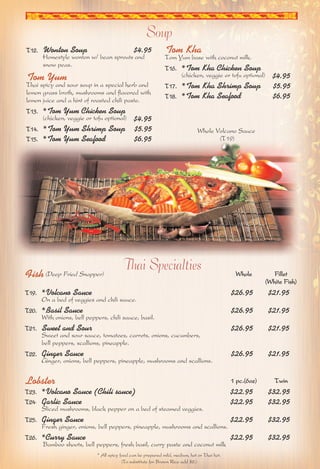 Soup 
T12. Wonton Soup $4.95 
Homestyle wonton w/ bean sprouts and 
snow peas. 
Tom Yum 
Thai spicy and sour soup in a special herb and 
lemon grass broth, mushrooms and flavored with 
lemon juice and a hint of roasted chili paste. 
T13. *Tom Yum Chicken Soup 
(chicken, veggie or tofu optional) $4.95 
T14. *Tom Yum Shrimp Soup $5.95 
T15. *Tom Yum Seafood $6.95 
Tom Kha 
Tom Yum base with coconut milk. 
T16. *Tom Kha Chicken Soup 
(chicken, veggie or tofu optional) $4.95 
T17. *Tom Kha Shrimp Soup $5.95 
T18. *Tom Kha Seafood $6.95 
Thai Specialties 
Fish (Deep Fried Snapper) Whole Fillet 
(White Fish) 
T19. *Volcano Sauce $26.95 $21.95 
On a bed of veggies and chili sauce. 
T20. *Basil Sauce $26.95 $21.95 
With onions, bell peppers, chili sauce, basil. 
T21. Sweet and Sour $26.95 $21.95 
Sweet and sour sauce, tomatoes, carrots, onions, cucumbers, 
bell peppers, scallions, pineapple. 
T22. Ginger Sauce $26.95 $21.95 
Ginger, onions, bell peppers, pineapple, mushrooms and scallions. 
Lobster 1 pc.(6oz) Twin 
T23. *Volcano Sauce (Chili sauce) $22.95 $32.95 
T24. Garlic Sauce $22.95 $32.95 
Sliced mushrooms, black pepper on a bed of steamed veggies. 
T25. Ginger Sauce $22.95 $32.95 
Fresh ginger, onions, bell peppers, pineapple, mushrooms and scallions. 
T26. *Curry Sauce $22.95 $32.95 
Bamboo shoots, bell peppers, fresh basil, curry paste and coconut milk 
* All spicy food can be prepared mild, medium, hot or Thai hot. 
(To substitute for Brown Rice add $2.) 
Whole Volcano Sauce 
(T19) 
 