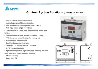 Outdoor cabinet environment control
Automatic peripheral devices detection
Wide temperature operating range: -40°C ~ +70°C
Wide input power range: 18 ~ 59Vdc
Compliant with AC or DC type cooling device, heater and
lighting
3 Individual temperature settings for Heater, Cooling 1, 2
PWM fan speed control function for Cooling 1, 2
User definable alarm function
User friendly operation interfaces
7-segment LED display and LED indicator
°C / °F convertible display
High / low temperature, high water, high humidity, intrusion
(door open) and smoke/fire alarm function
DIN-rail Mounting
Safety: cUL, CE
Outdoor System Solutions (Climate Controller)
 