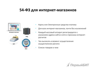 • Карты или Электронные средства платежа
• Для всех интернет-магазинов, почти без исключений
• Каждый кассовый аппарат регистрируется с
указанием адреса сайта в сети и признака интернет-
расчетов
• Чек выписать в момент осуществления
осуществлении расчета
• Список товаров в чеке
54-ФЗ для интернет-магазинов
Интернет-магазин
 