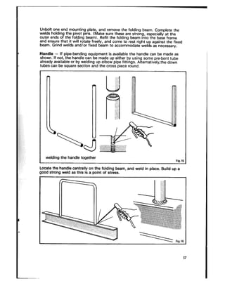 Unbolt one end mounting plate, and remove the folding beam. Complete the
welds holding the pivot pins. (Make sure these are strong, especially at the
outer ends of the folding beam). Refit the folding beam into the base frame
and ensure that it will rotate freely, and come to rest right up against the fixed
beam. Grind welds and/or fixed beam to accommodate welds as necessary.
Handle - If pipe-bending equipment is available the handle can be made as
shown. If not, the handle can be made up either by using some pre-bent tube
already available or by welding up elbow pipe fittings. Alternatively,the down
tubes can be square section and the cross piece round.
Fig.15
Locate the handle centrally on the folding beam, and weld in place. Build up a
good strong weld as this is a point of stress.
 
