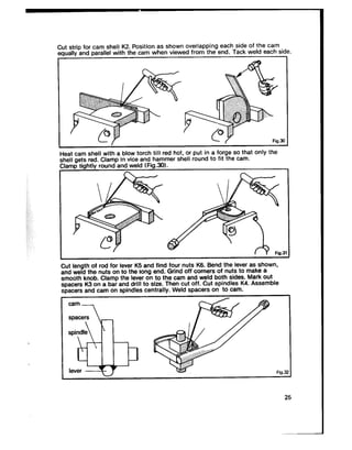 Cut strip for cam shell K2. Position as shown overlapping each side of the cam
equally and parallel with the cam when viewed from the end. Tack weld each side.
shell gets red. C
Clamp tightly ra
Heat cam shell with a blow torch till red hot, or put in a forge SO that only the
#amp in vice and hammer shell round to fit the cam.
lund and weld fFig.30).
Cut length of rod for lever K5 and find four nuts K6. Bend the lever as shown,
and weld the nuts on to the long end. Grind off corners of nuts to make a
smooth knob. Clamp the lever on to the cam and weld both sides. Mark out
spacers K3 on a bar and drill to size. Then cut off. Cut spindles K4. Assemble
spacers and cam on spindles centrally. Weld spacers on to cam.
25
 